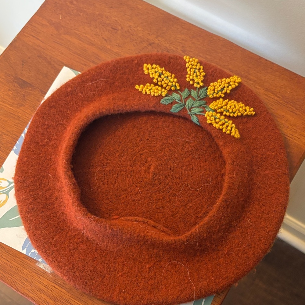 Embroidered Rust Wool Beret